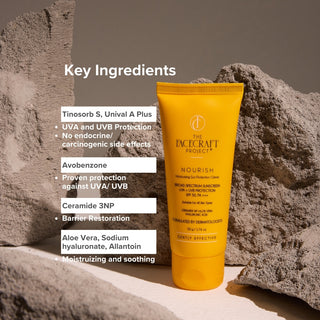 FaceCraft Nourish SPF 50+ sunscreen with key ingredients - ceramide 3NP Aloe vera hyaluronic Acid
