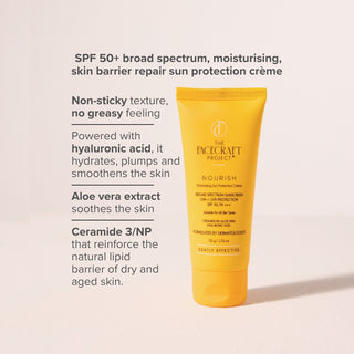 FaceCraft Nourish SPF 50+ Broad spectrum sunscreen - 50gm yellow tube, dermatologist crafted for sun protection, hydration and skin barrier repair.
