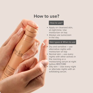 FaceCraft  Restore retinol night cream usage guide - apply nightly on cleansed skin, follow with moisturiser and use sunscreen daily.